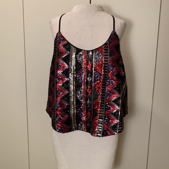 Tops - *$5 SALE* Black Red & Gold Sequin Crop Top